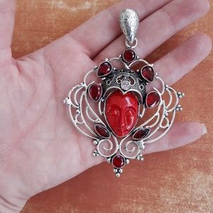 New Carved Goddess Face Garnet 925 Silver Pendant.